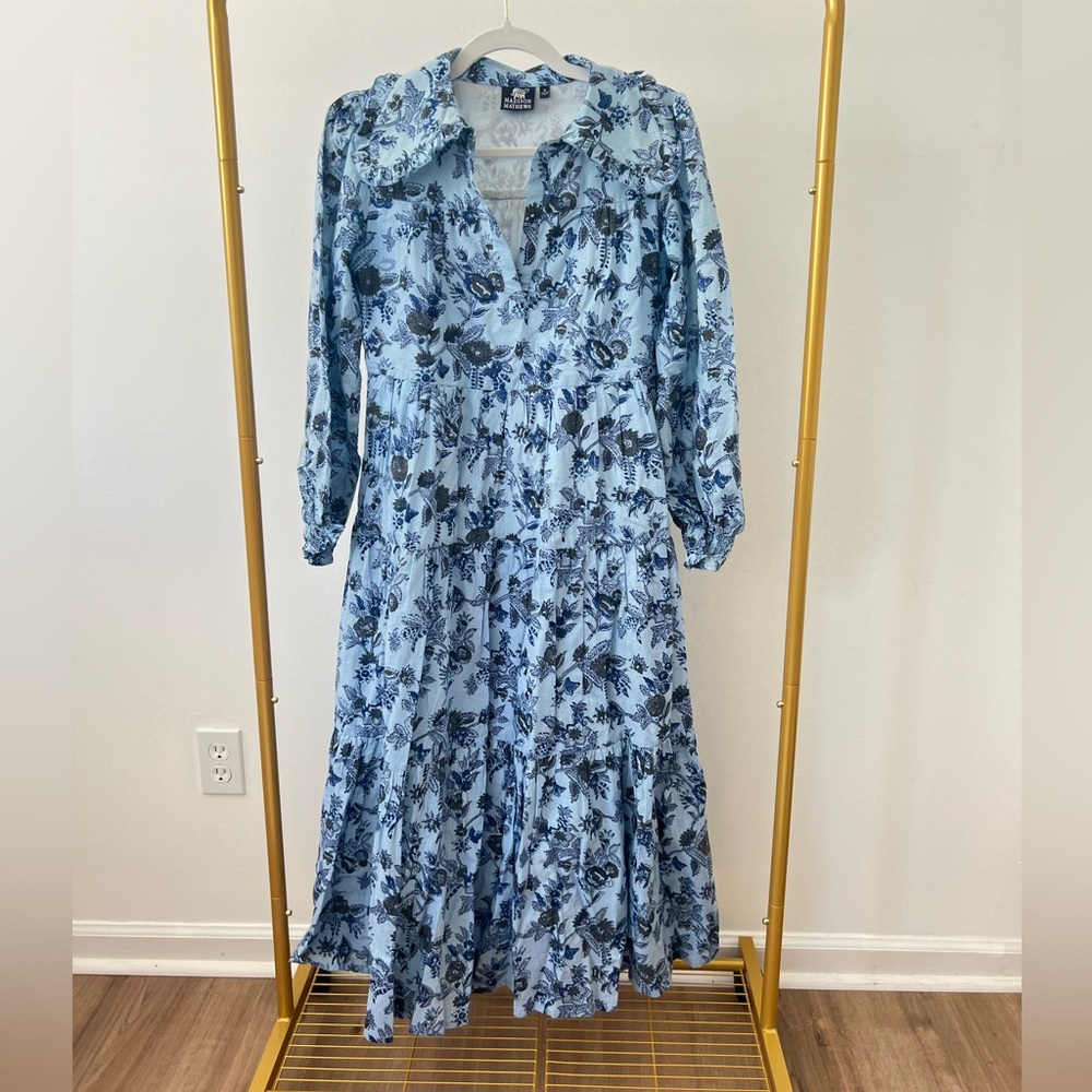 Madison Matthews Indian Block Print Blue Floral Long Sleeve Cotton Maxi Dress